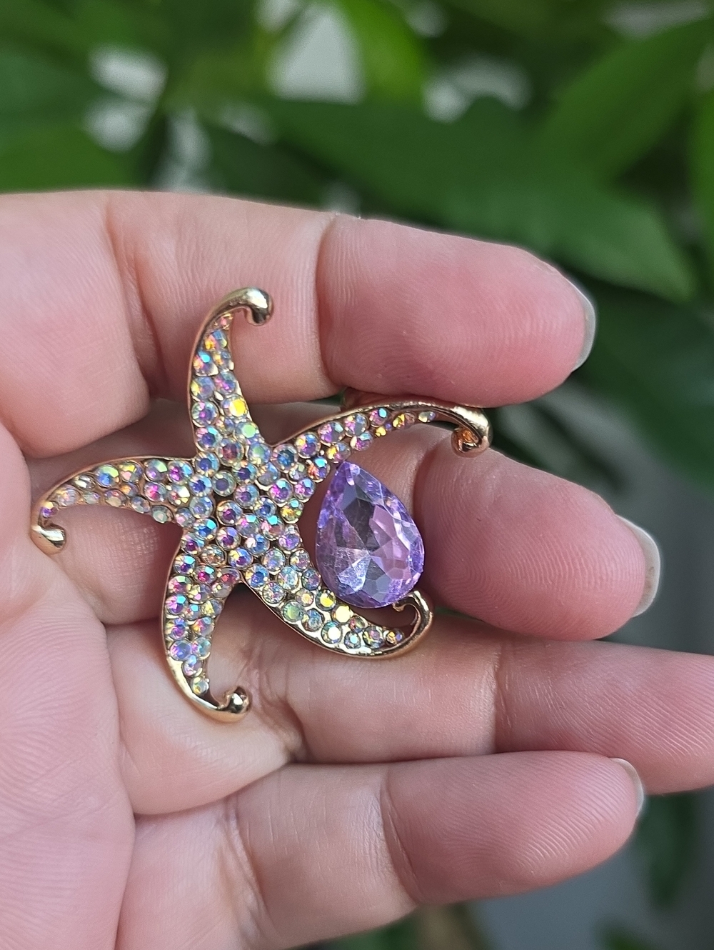 14k Gold Plated Sparkling Starfish Brooch with Purple Teardrop Crystal